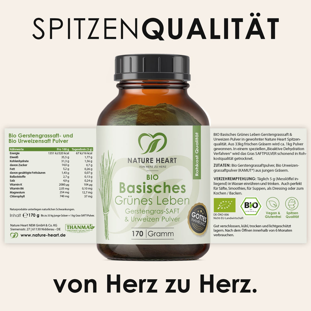 Nature Heart Nahrungsergänzungsmittel BIO Basisches Grünes Leben - Gerstengrassaft Pulver