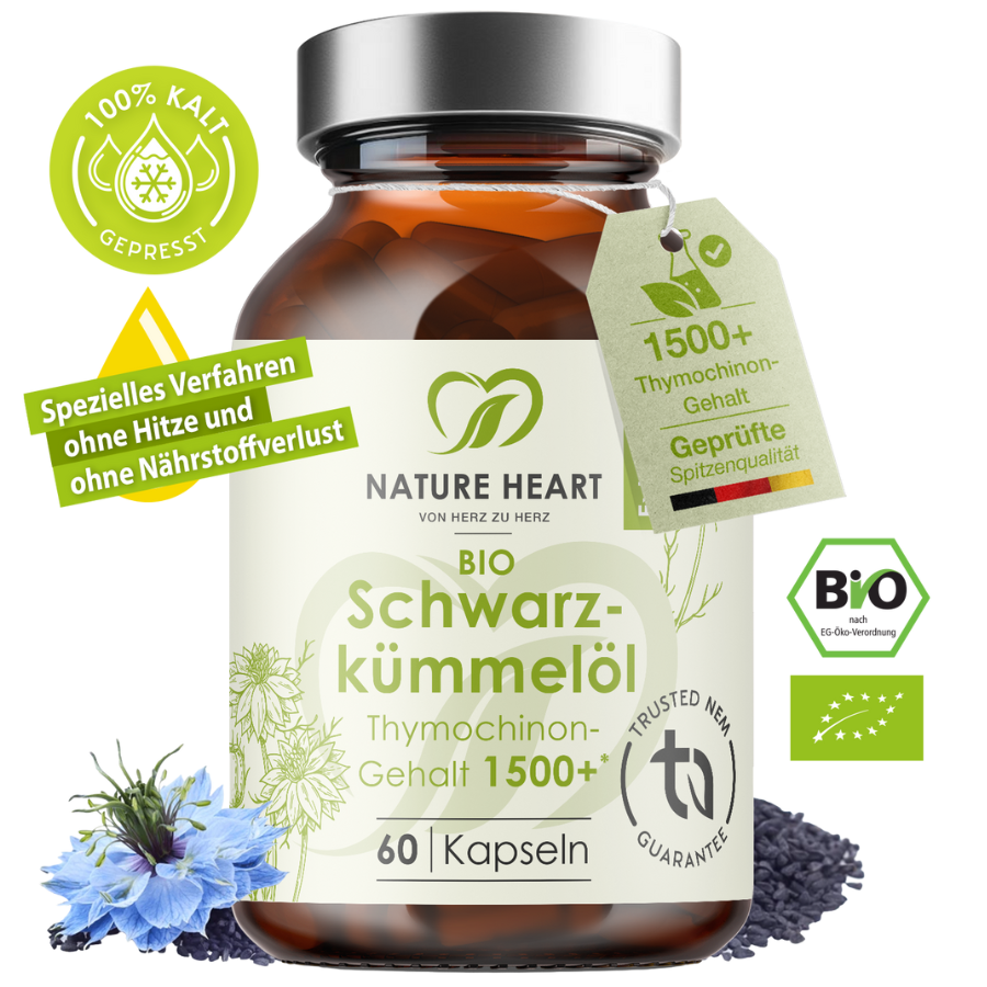Nature Heart Nahrungsergänzungsmittel BIO Schwarzkümmelöl 1500+ Thymochinongehalt