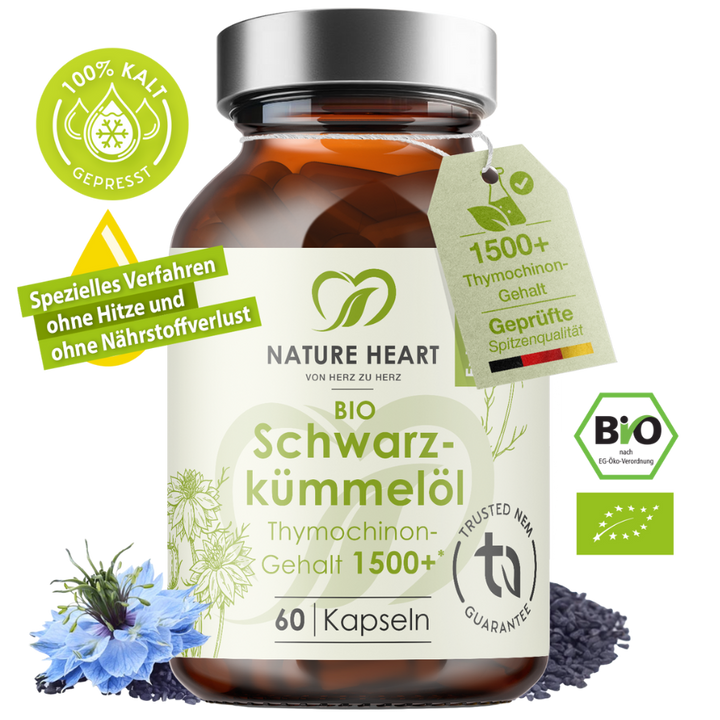 Nature Heart Nahrungsergänzungsmittel BIO Schwarzkümmelöl 1500+ Thymochinongehalt