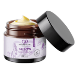 Glasbehälter mit Nature Heart Tallow Hautpflege Lavendel 100 ml, mit sichtbarem Hinweis auf grasgefütterte 100%-Qualität.