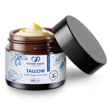 Geöffneter Braunglastiegel Nature Heart Tallow Anti-Age Formula 100 ml mit Magnolia-Extrakt, freigestellt