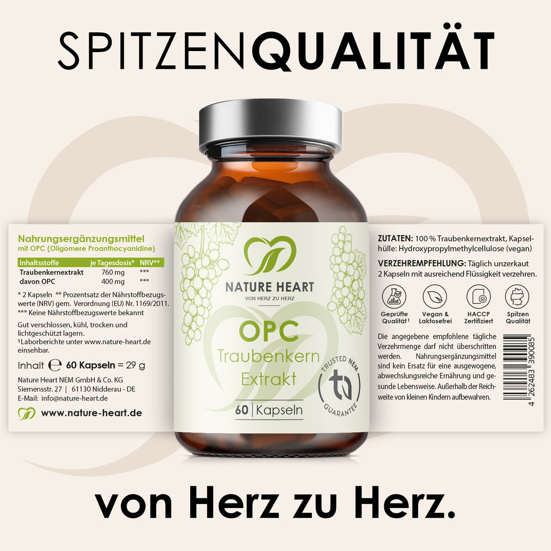 Grafik Spitzenqualität mit OPC Traubenkern Extrakt 60 Kapseln aus dem 100 Years Bundle und abgerolltem Etikett mit Zutaten und Nährwerten