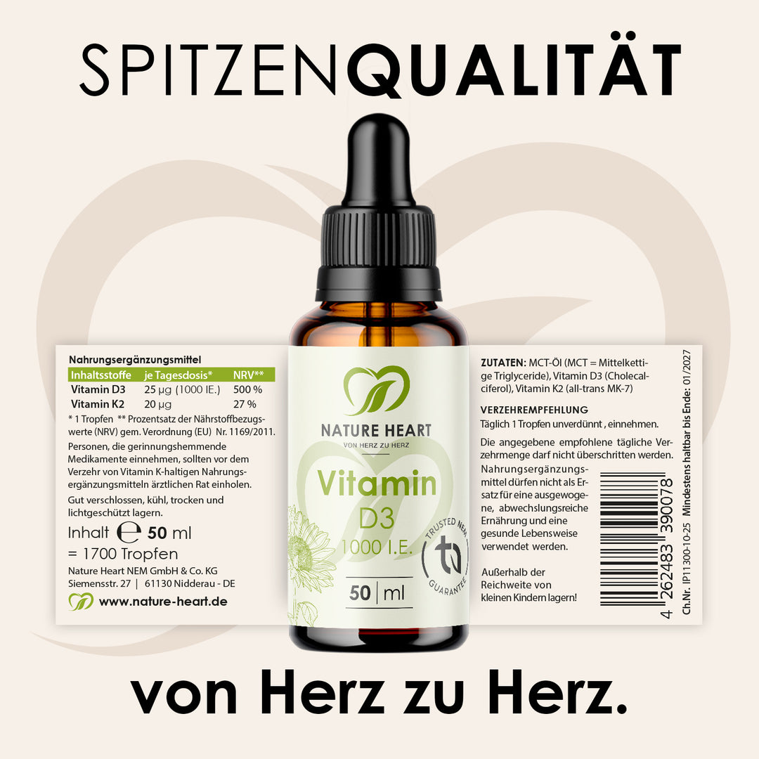 Grafik Spitzenqualität mit Vitamin D3 1000 I.E. Tropfen 50 ml aus dem 100 Years Bundle und abgerolltem Etikett mit Zutaten und Nährwerten