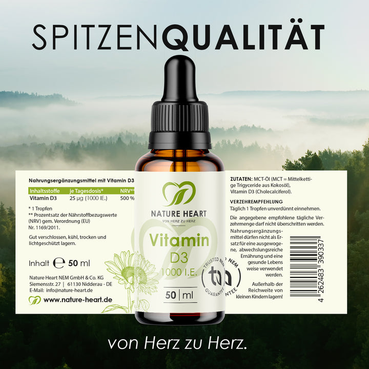 Nature Heart Nahrungsergänzungsmittel Vitamin D3 Tropfen 1.000 I.E.