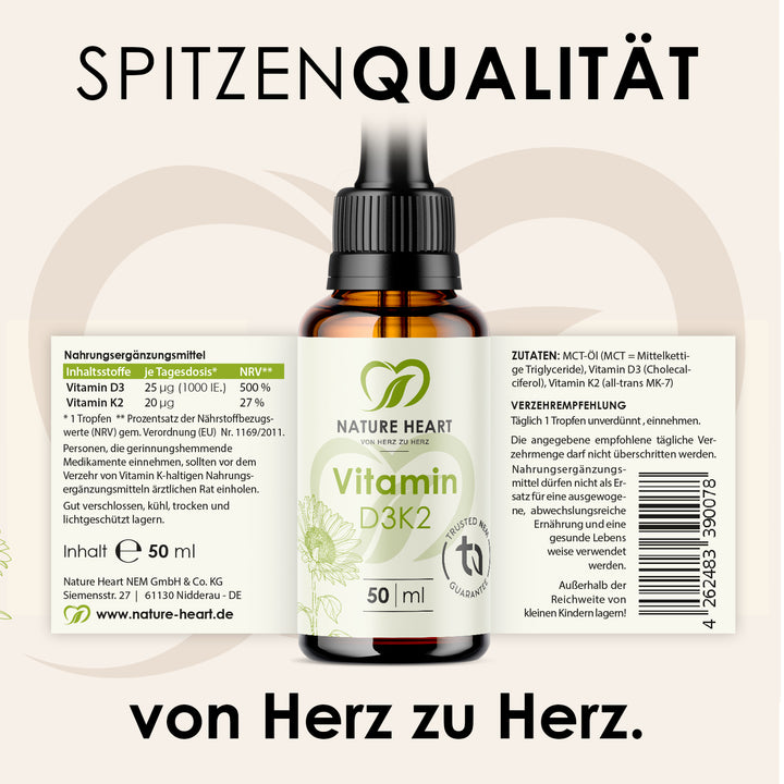 Nature Heart Nahrungsergänzungsmittel Vitamin D3+K2 Tropfen