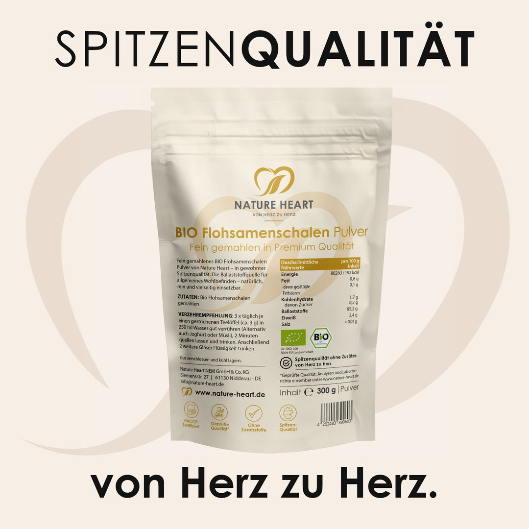 Grafik Spitzenqualität mit Beutel BIO Flohsamenschalen Pulver 300 g aus der 3-Tages Kur mit Nährwerten und Verzehrempfehlung