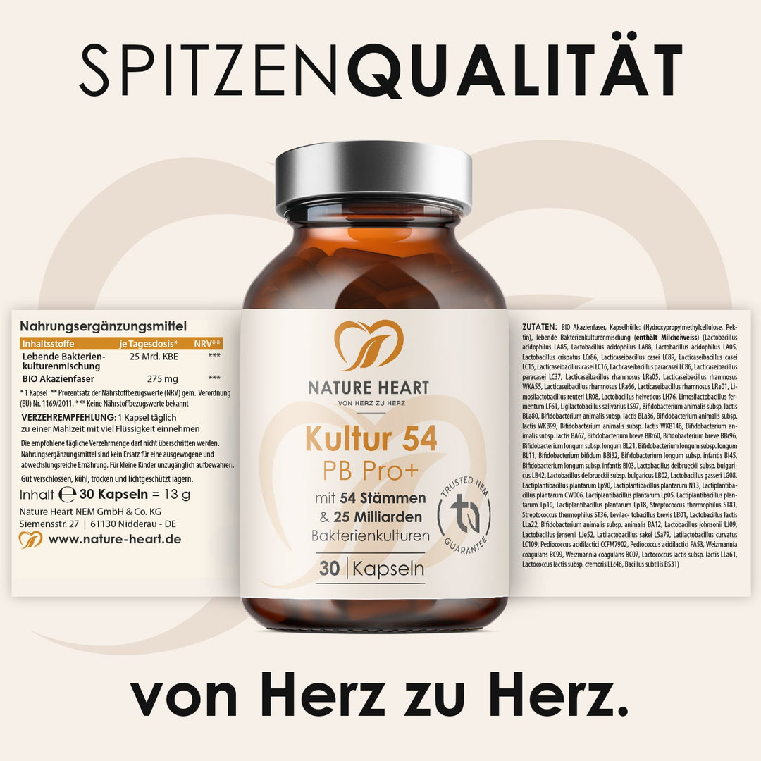 Grafik Spitzenqualität mit Kultur 54 PB Pro+ 30 Kapseln aus der 3-Tages Kur und abgerolltem Etikett mit Zutaten und Nährwerten
