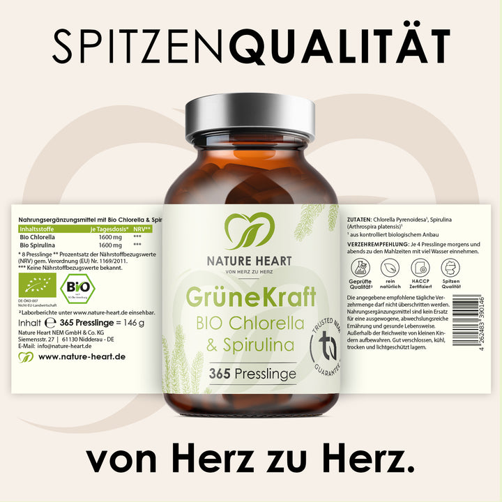 Nature Heart Nahrungsergänzungsmittel Grüne Kraft - Bio Chlorella & Spirulina