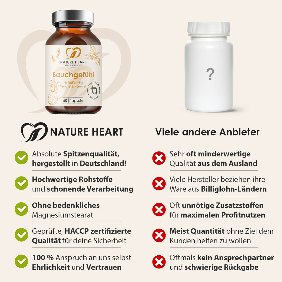 Vergleichsgrafik mit Nature Heart Bauchgefühl und einem neutralen Anbieter, die Nature Heart Spitzenqualität aus Deutschland, hochwertige Rohstoffe, schonende Verarbeitung, Verzicht auf bedenkliches Magnesiumstearat, HACCP-zertifizierte Qualität sowie Ehrlichkeit und Vertrauen gegenüber häufigen Anbieter-Nachteilen hervorhebt.