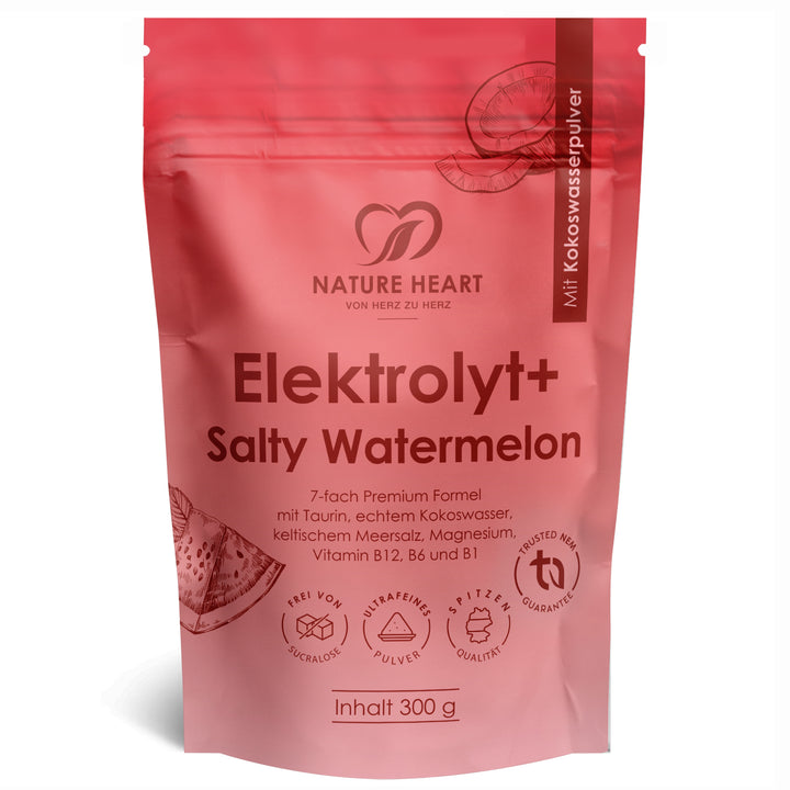 Nature Heart Elektrolyt+ Salty Watermelon 300 g Pulver auf weißem Hintergrund, mit sichtbaren Hinweisen auf Kokoswasserpulver, 7-fach Premium Formel mit Taurin, echtem Kokoswasser, keltischem Meersalz, Magnesium, Vitamin B12, B6 und B1, frei von Sucralose, ultrafeines Pulver, Spitzenqualität und Trusted Nest Garantie.