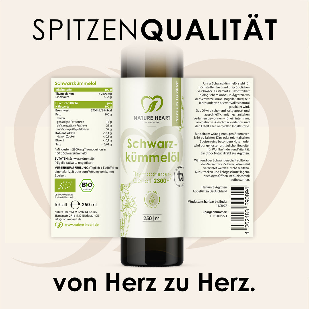 Nature Heart Öl BIO Schwarzkümmelöl 2300+ Thymochinon ungefiltert 250 ml
