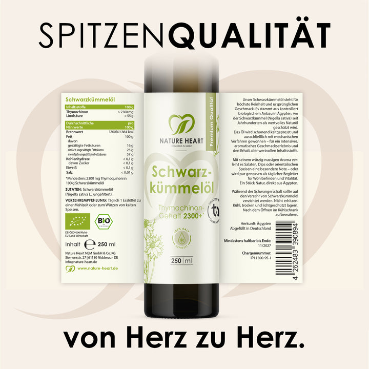 Nature Heart Öl BIO Schwarzkümmelöl 2300+ Thymochinon ungefiltert 250 ml