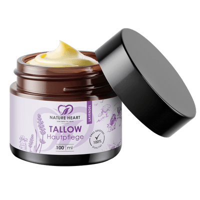 Glasbehälter mit Nature Heart Tallow Hautpflege Lavendel 100 ml, mit sichtbarem Hinweis auf grasgefütterte 100%-Qualität.