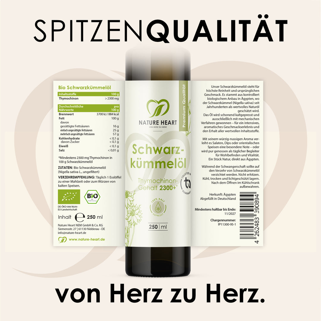 Nature Heart Öl BIO Schwarzkümmelöl 2300+ Thymochinon ungefiltert 250 ml