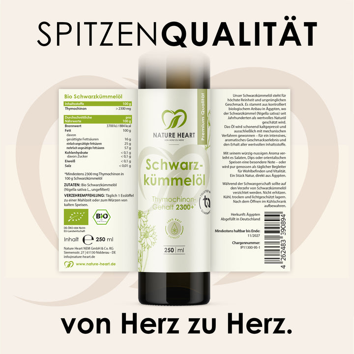 Nature Heart Öl BIO Schwarzkümmelöl 2300+ Thymochinon ungefiltert 250 ml