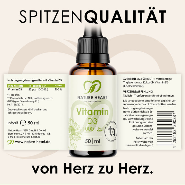 Nature Heart Nahrungsergänzungsmittel Vitamin D3 Tropfen 1.000 I.E.