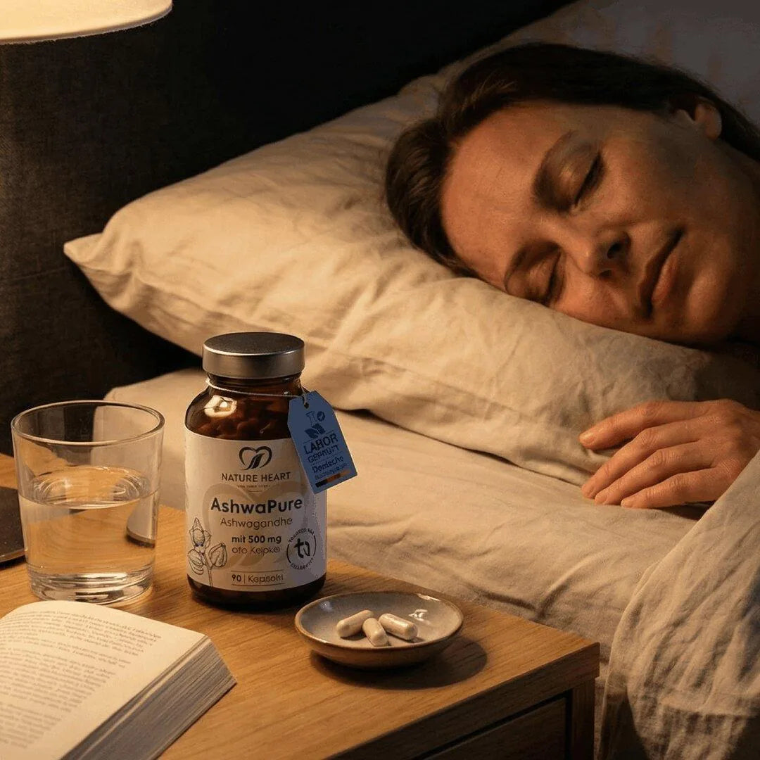 AshwaPure Ashwagandha auf dem Nachttisch neben Wasserglas, Kapseln und aufgeschlagenem Buch, im Hintergrund eine Frau