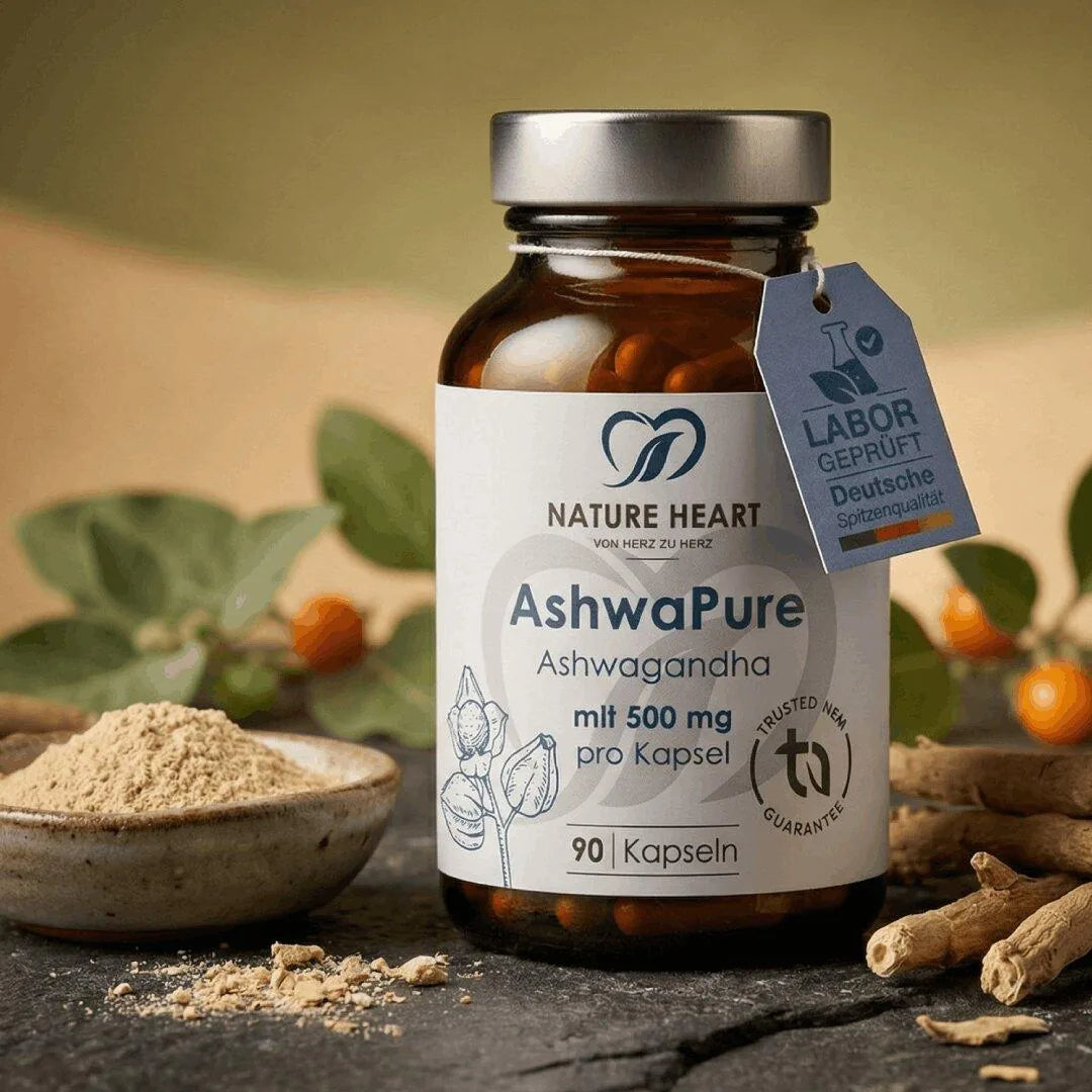 AshwaPure Ashwagandha mit 90 Kapseln à 500 mg zwischen Ashwagandha-Wurzeln, Wurzelpulver und der Pflanze mit Beeren