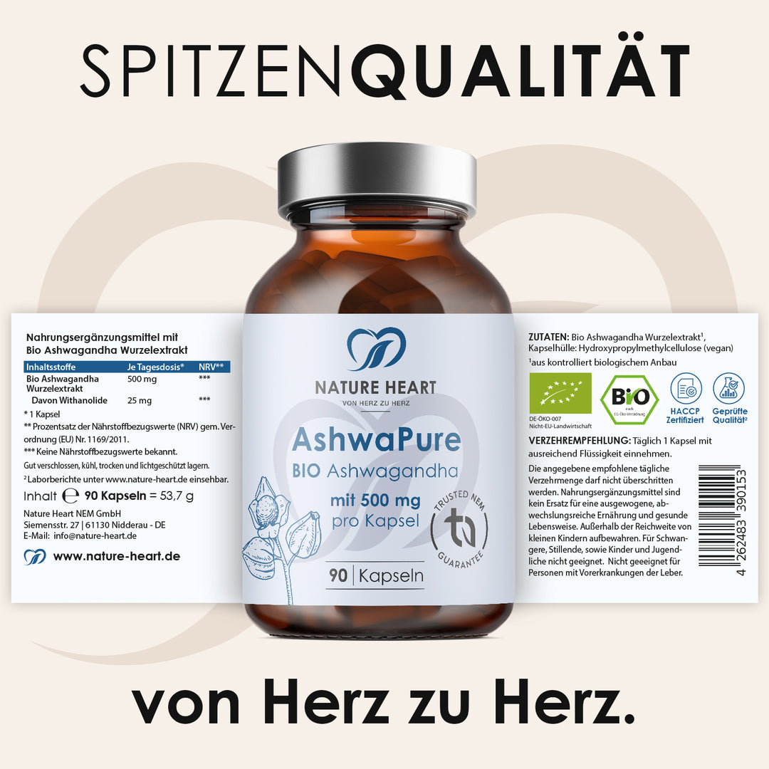 Grafik Spitzenqualität mit AshwaPure BIO Ashwagandha 90 Kapseln und abgerolltem Etikett mit Zutaten, Withanolid-Gehalt und BIO-Siegel