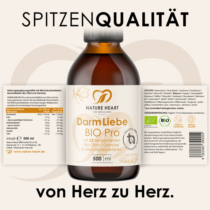 Ausgerolltes Etikett von Darm Liebe Bio Pro 500 ml mit Nährwerten, Zutaten und Verzehrempfehlung unter der Headline Spitzenqualität
