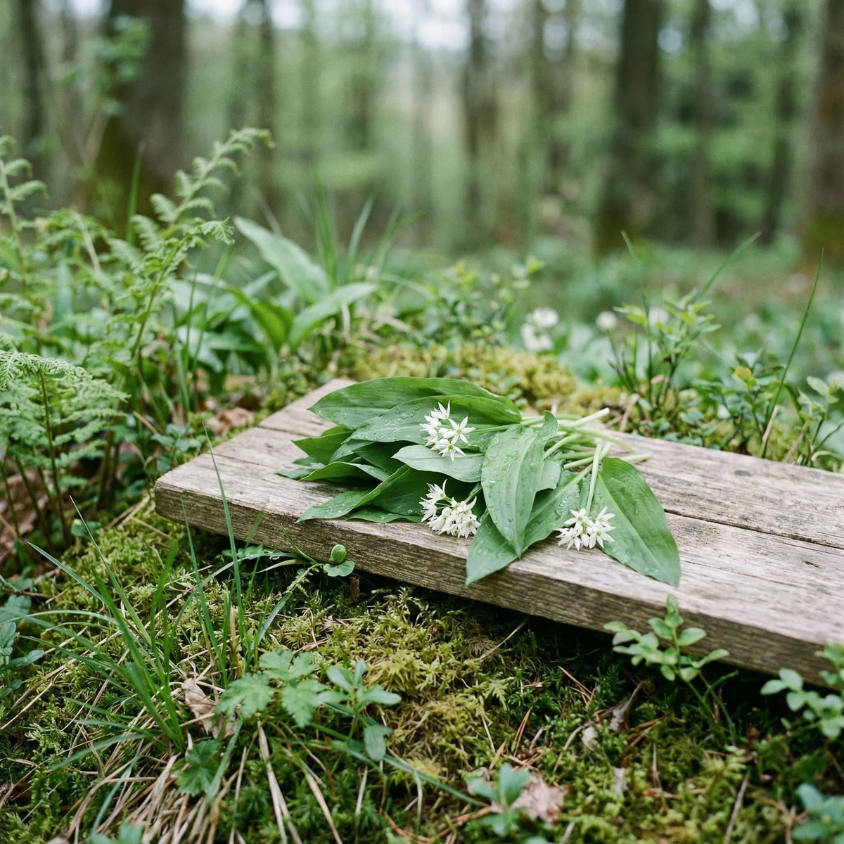 Frisch geerntete Bärlauchblätter mit weißen Blüten auf einem Holzbrett auf moosbewachsenem Waldboden