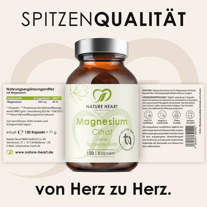 Ausgerolltes Etikett von Magnesium Citrat 120 Kapseln mit Inhaltsstoffen, Verzehrempfehlung und Qualitätssymbolen unter der Headline Spitzenqualität