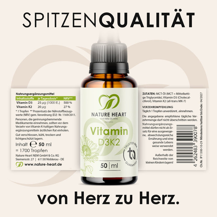 Ausgerolltes Etikett von Vitamin D3+K2 Tropfen 50 ml mit Inhaltsstoffen, Zutaten und Verzehrempfehlung unter der Headline Spitzenqualität