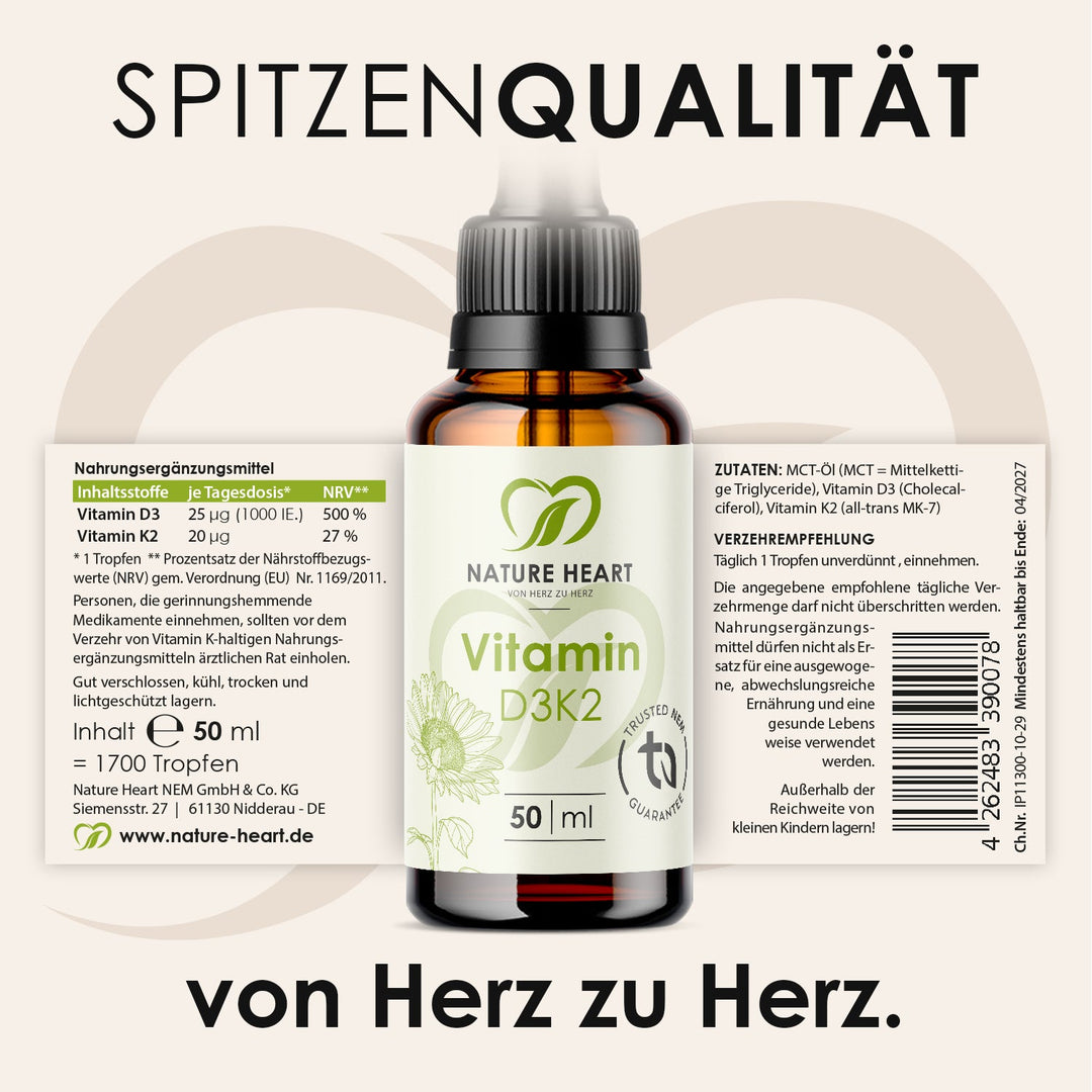 Ausgerolltes Etikett von Vitamin D3+K2 Tropfen 50 ml mit Inhaltsstoffen, Zutaten und Verzehrempfehlung unter der Headline Spitzenqualität
