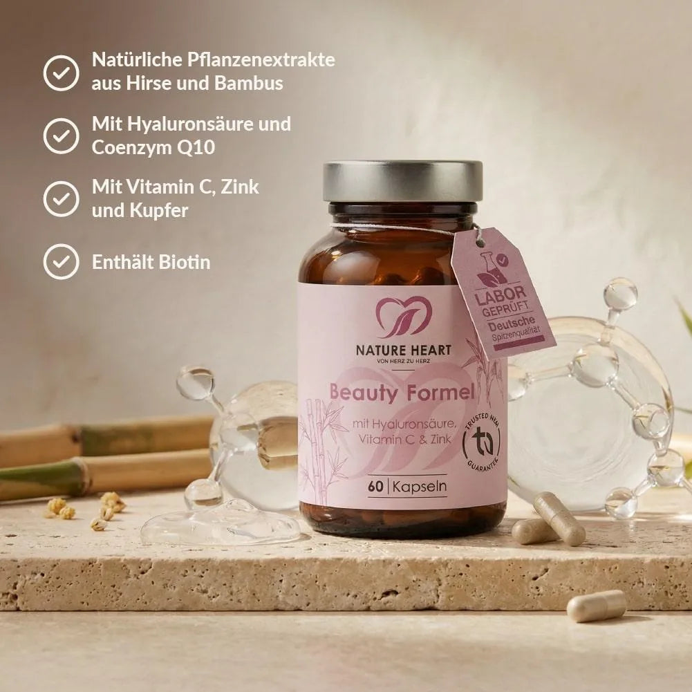 Beauty Formel mit 60 Kapseln: Hirse- und Bambusextrakt, Hyaluronsäure, Coenzym Q10, Vitamin C, Zink, Kupfer, Biotin