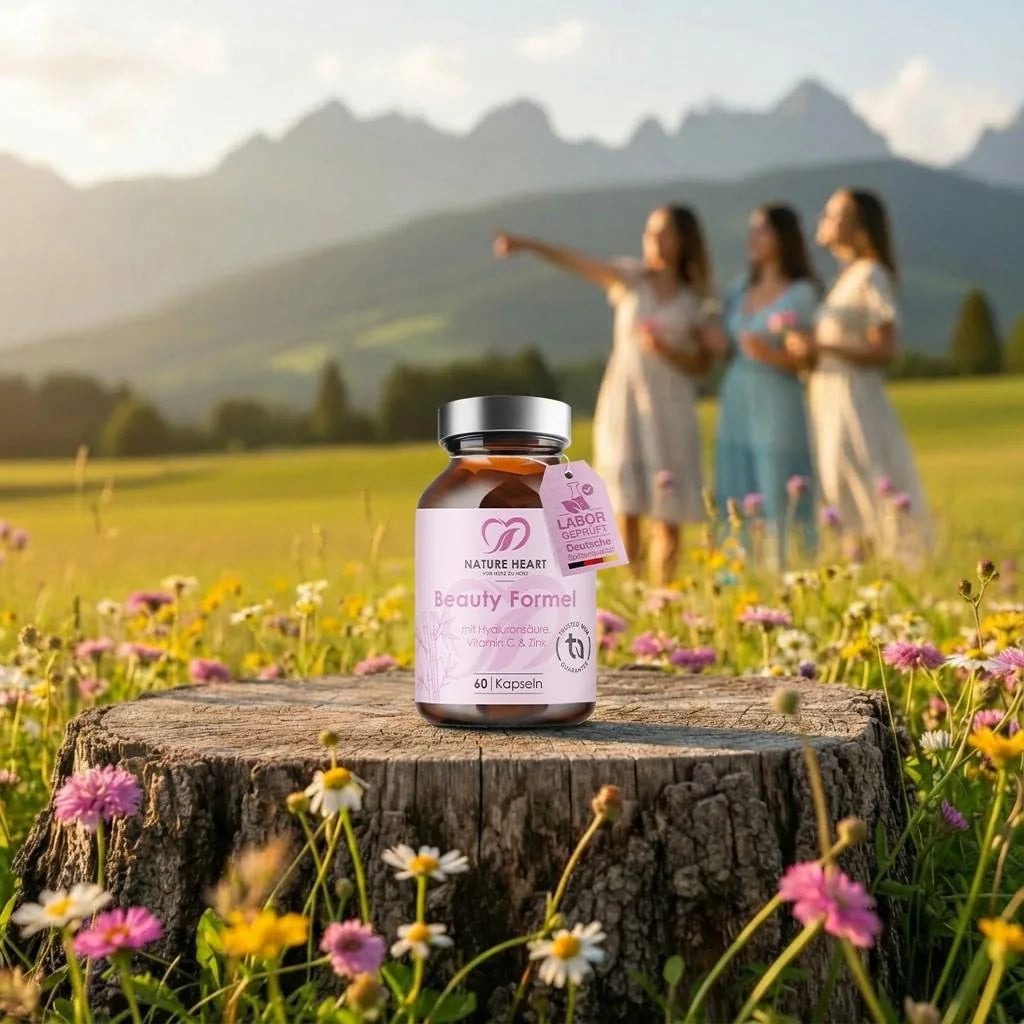 Beauty Formel mit 60 Kapseln auf einem Baumstumpf in einer Blumenwiese, im Hintergrund drei Frauen vor einem Bergpanorama