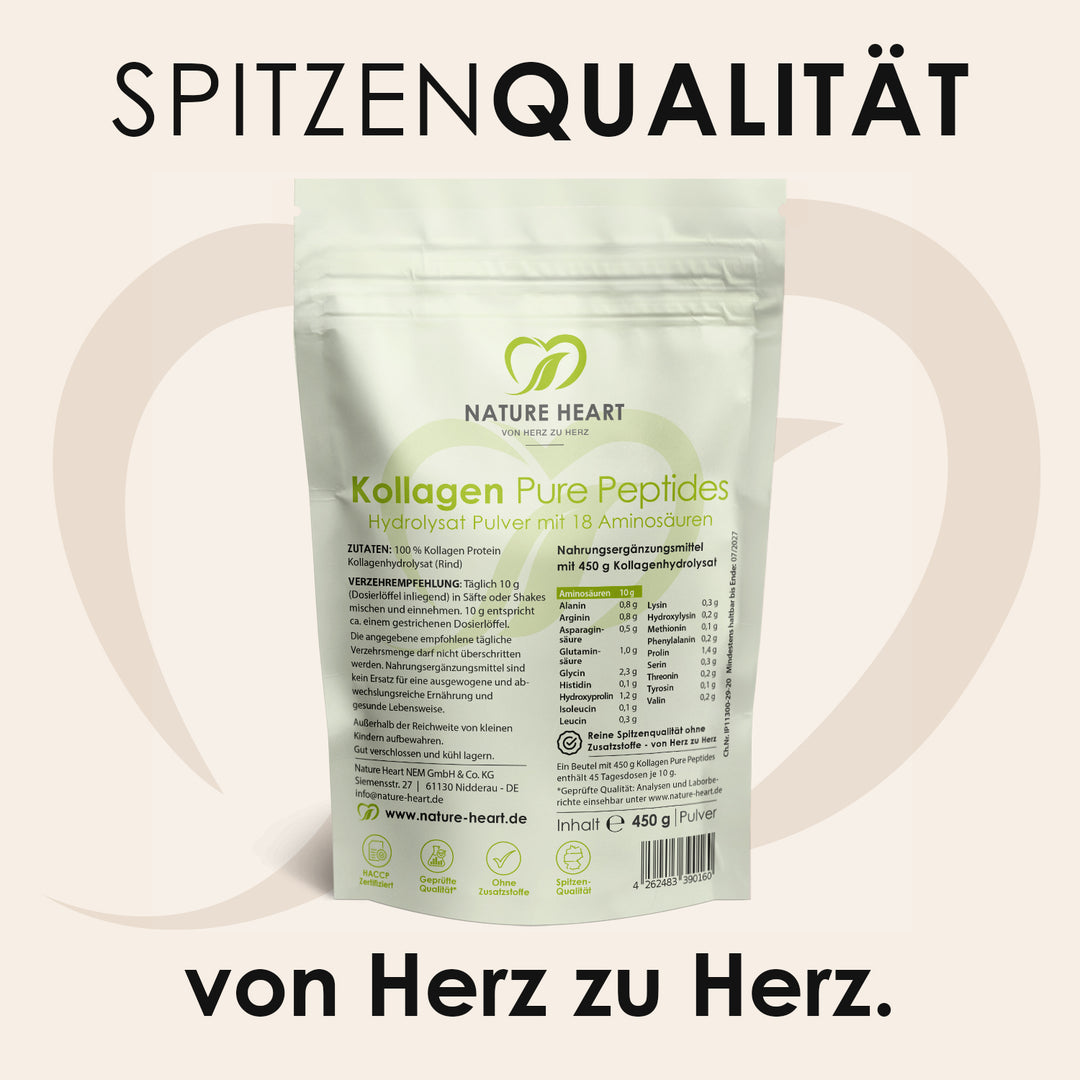 Kollagen Pure Peptides 450 g Beutel von hinten mit Aminosäurenprofil, Zutaten und Verzehrempfehlung unter der Headline Spitzenqualität