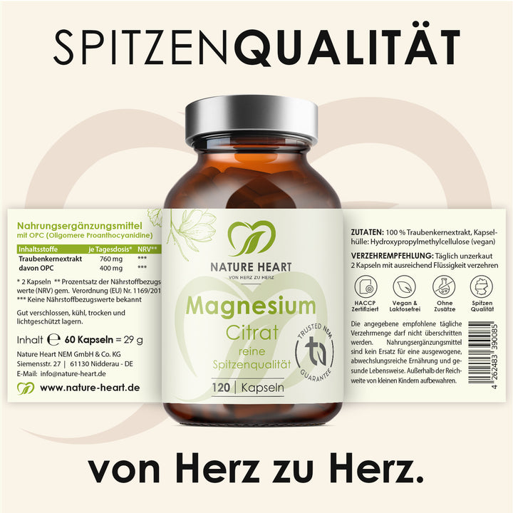 Magnesium Citrat 120 Kapseln vor ausgerolltem Etikett mit Inhaltsstoffen und Verzehrempfehlung unter der Headline Spitzenqualität