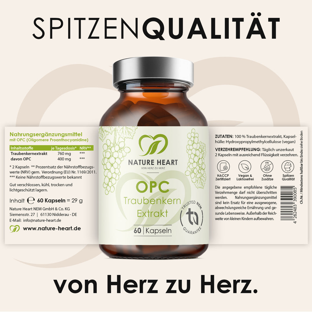 Ausgerolltes Etikett von OPC Traubenkern Extrakt 60 Kapseln mit Inhaltsstoffen und Verzehrempfehlung unter der Headline Spitzenqualität