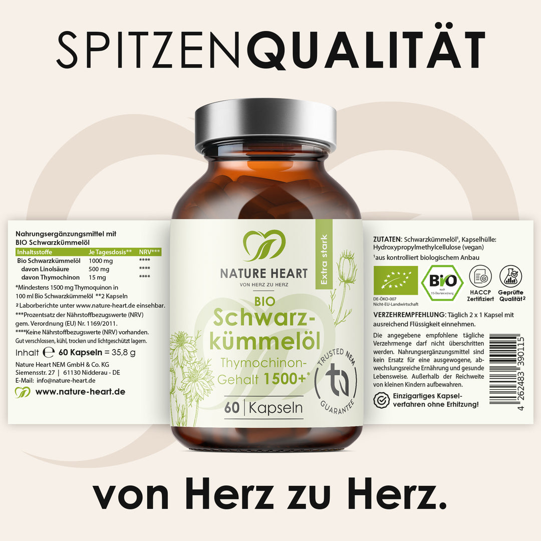 Ausgerolltes Etikett der BIO Schwarzkümmelöl 1500+ Kapseln mit Inhaltsstoffen und Verzehrempfehlung unter der Headline Spitzenqualität