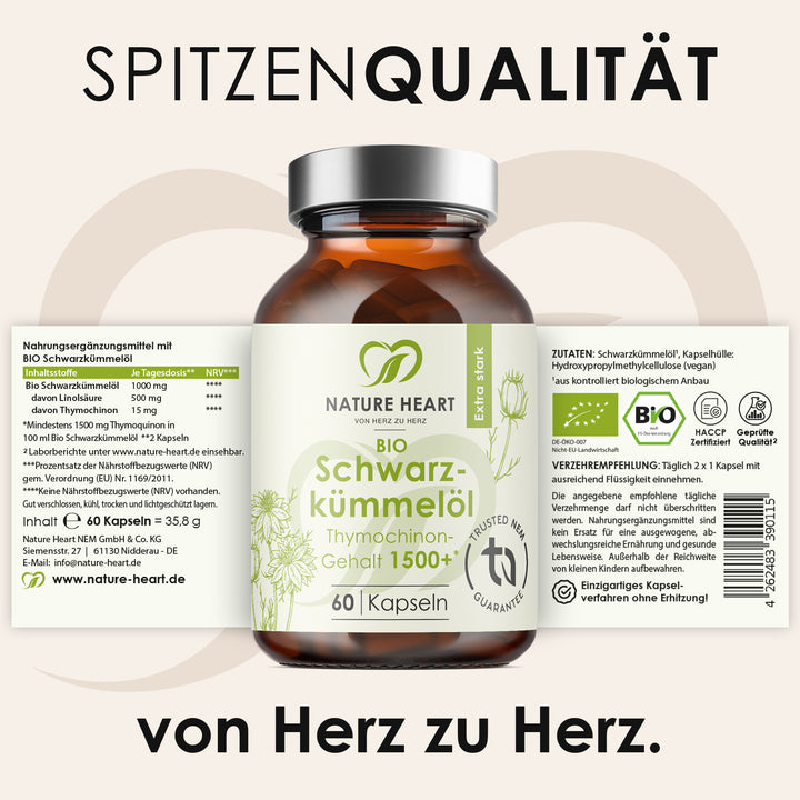 Ausgerolltes Etikett der BIO Schwarzkümmelöl 1500+ Kapseln mit Inhaltsstoffen und Verzehrempfehlung unter der Headline Spitzenqualität