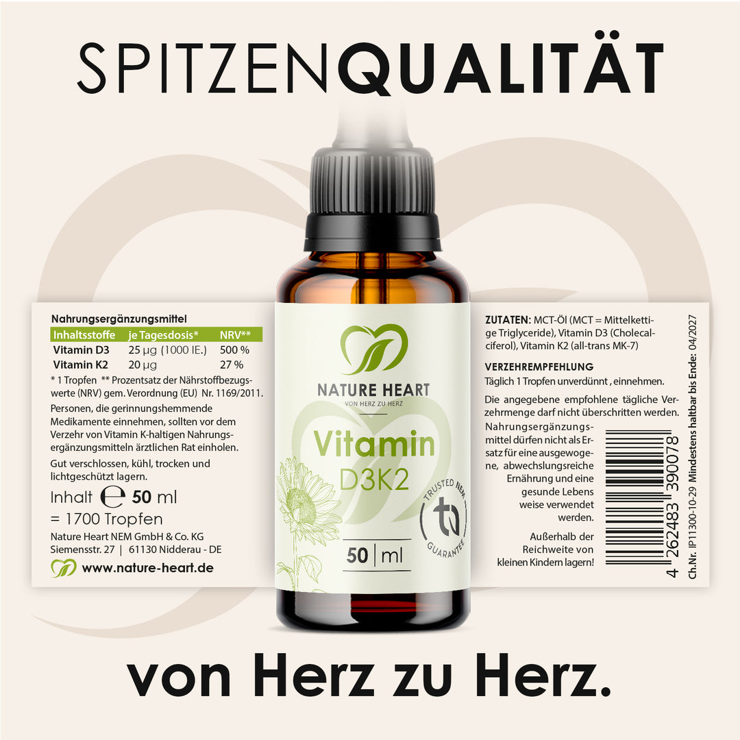 Ausgerolltes Etikett von Vitamin D3+K2 Tropfen 50 ml mit Inhaltsstoffen, Zutaten und Verzehrempfehlung unter der Headline Spitzenqualität