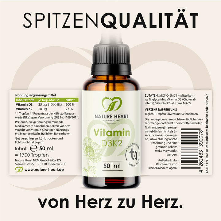Ausgerolltes Etikett von Vitamin D3+K2 Tropfen 50 ml mit Inhaltsstoffen, Zutaten und Verzehrempfehlung unter der Headline Spitzenqualität