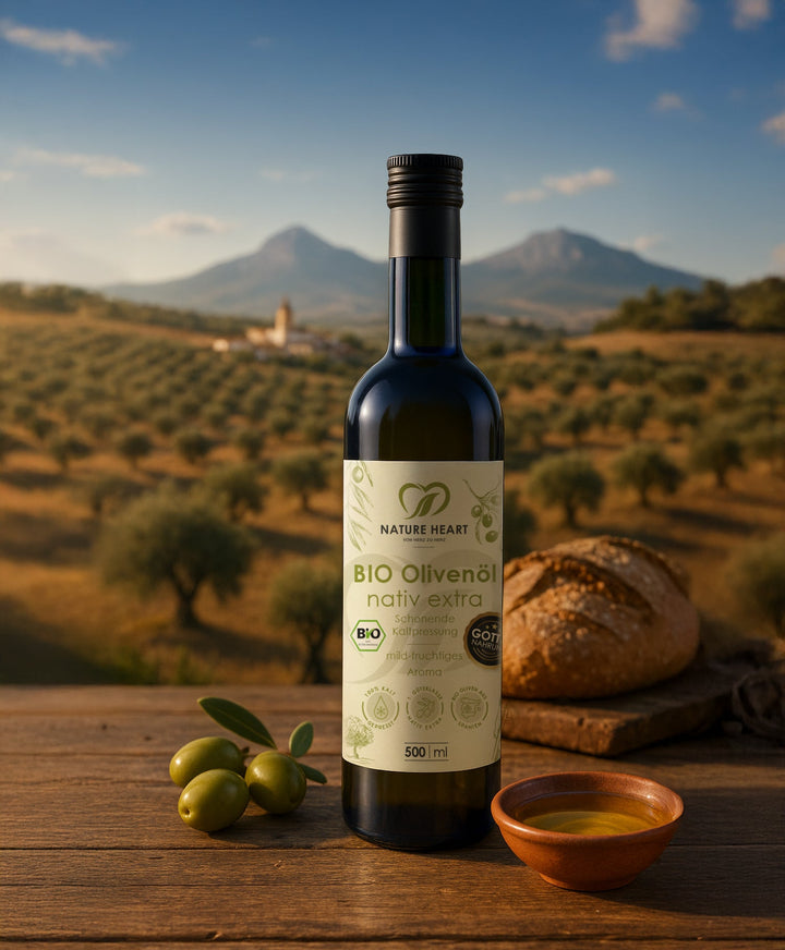 BIO Olivenöl nativ extra 500 ml Flasche auf Holztisch mit Brot, Oliven und Ölschale vor einem Olivenhain