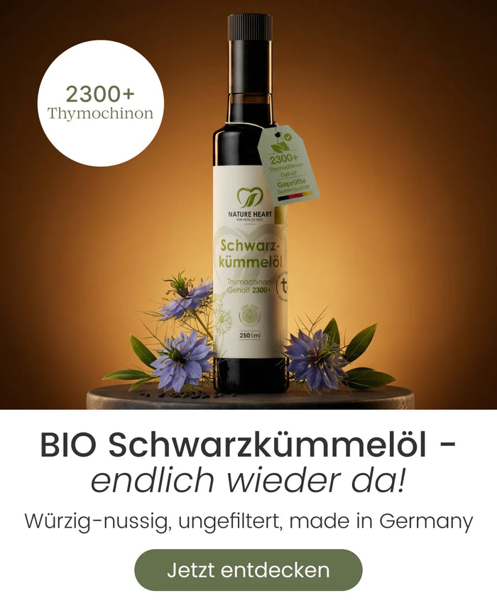 Nature Heart Bio-Schwarzkümmelöl-Flasche mit Schwarzkümmelblüten vor warmem Hintergrund. Darunter steht der zentrierte Text „BIO Schwarzkümmelöl – endlich wieder da! Würzig-nussig, ungefiltert, made in Germany.“ und ein olivgrüner Button „Jetzt entdecken“.