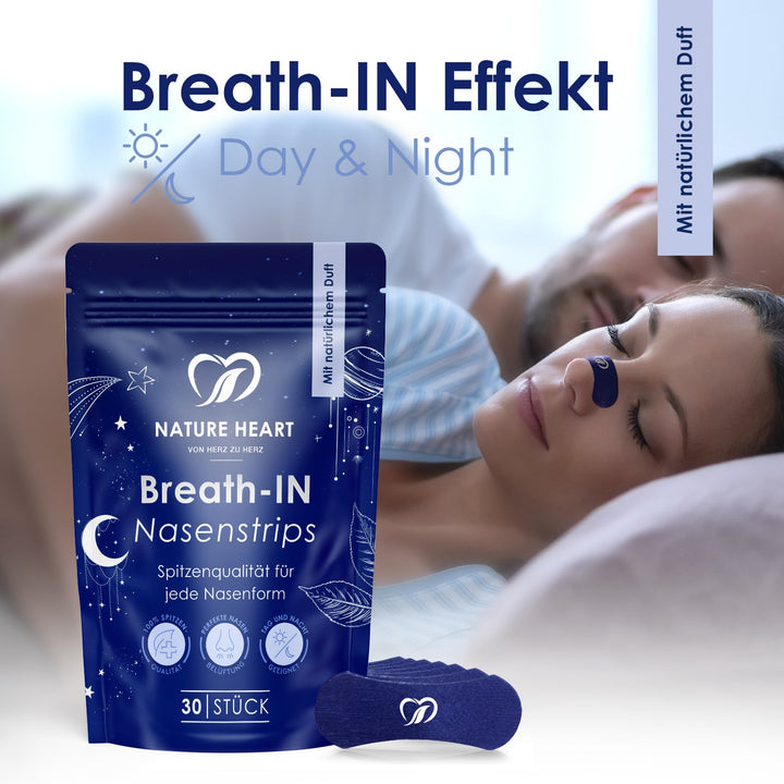 Schlafendes Paar, Frau mit Nasenstrip, davor Beutel Breath-IN Nasenstrips, Headline Breath-IN Effekt Day & Night