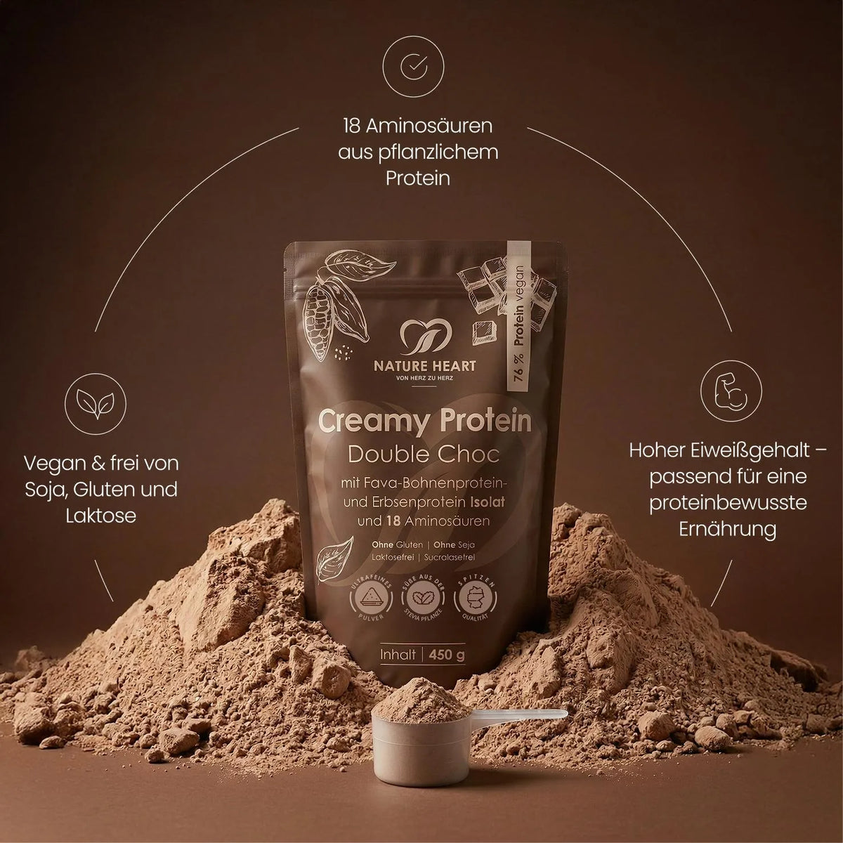 Creamy Protein Double Choc Beutel auf Kakaopulver: 18 Aminosäuren, vegan, frei von Soja, Gluten und Laktose