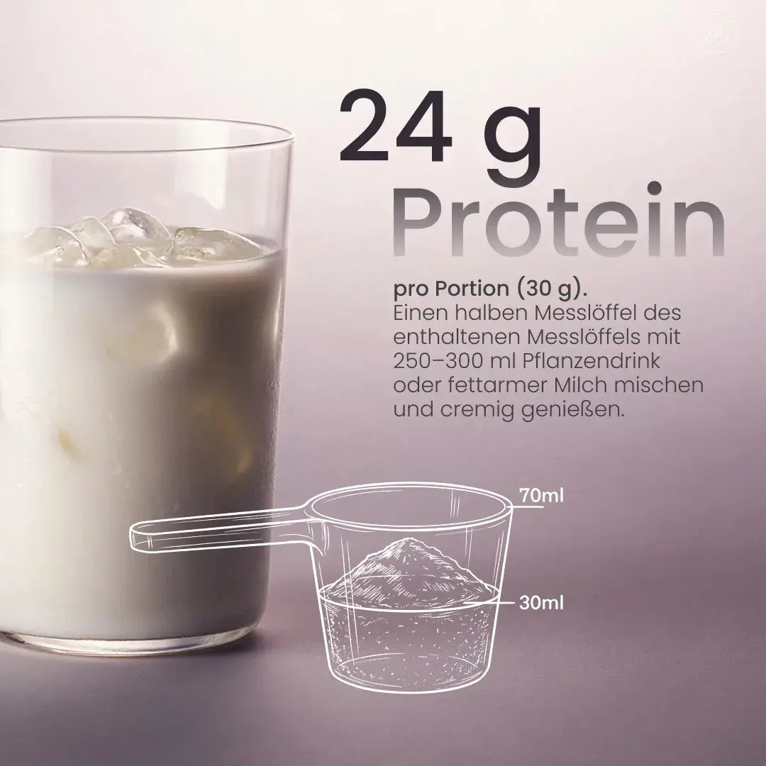 Creamy Protein Fruity Blueberry: 24 g Protein pro 30-g-Portion, mit 250–300 ml Pflanzendrink oder Milch mischen