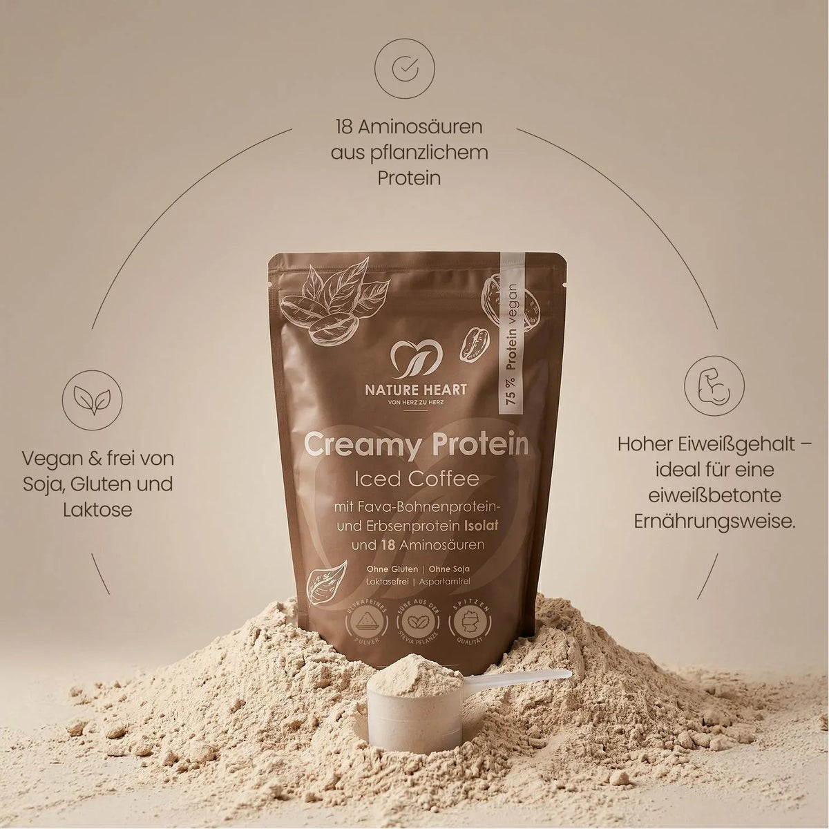 Creamy Protein Iced Coffee Beutel auf hellem Pulver: 18 Aminosäuren, vegan, frei von Soja, Gluten und Laktose