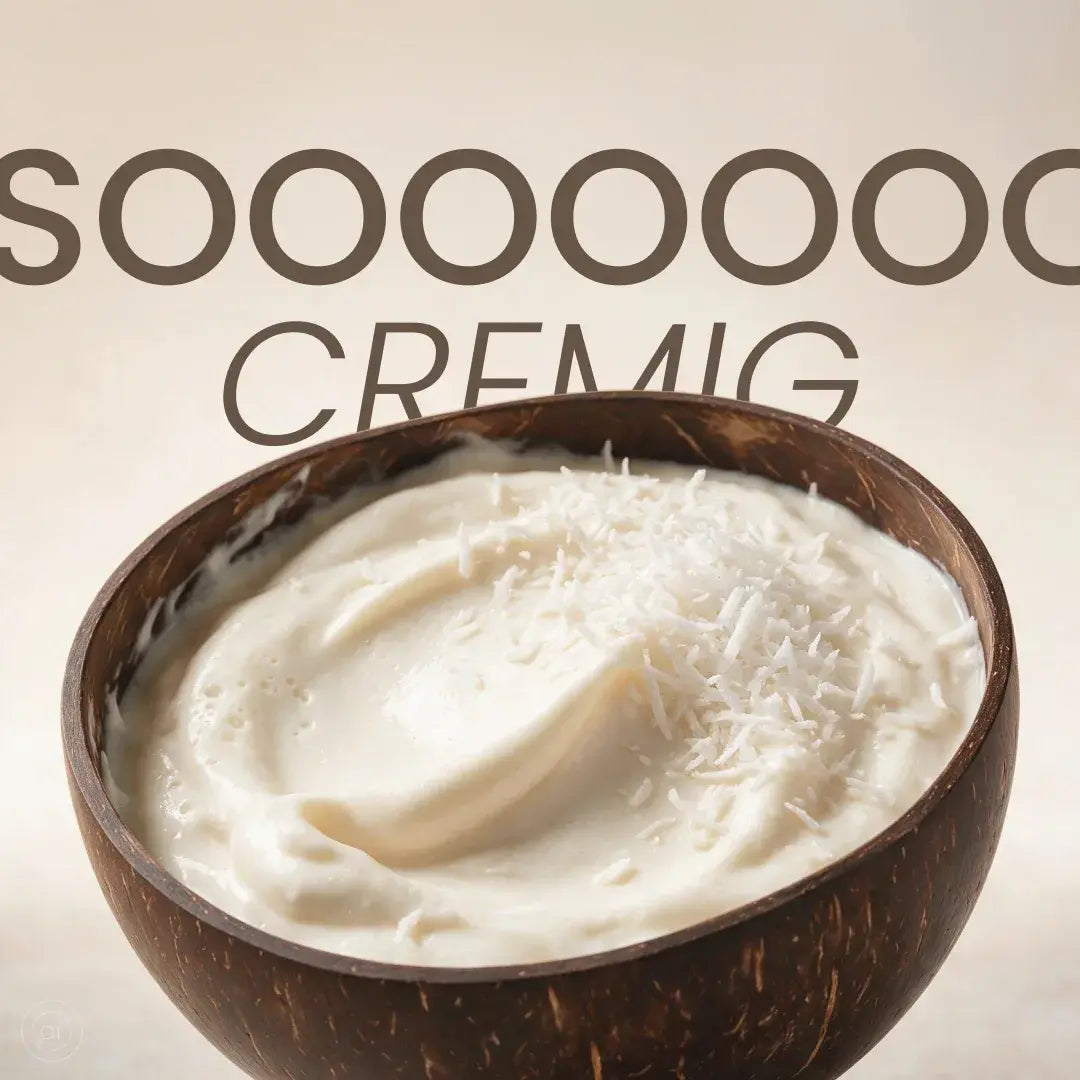 Cremig angerührtes Creamy Protein Kokos Dream mit Kokosraspeln in einer Kokosnussschale, Schriftzug „Sooooooo cremig“