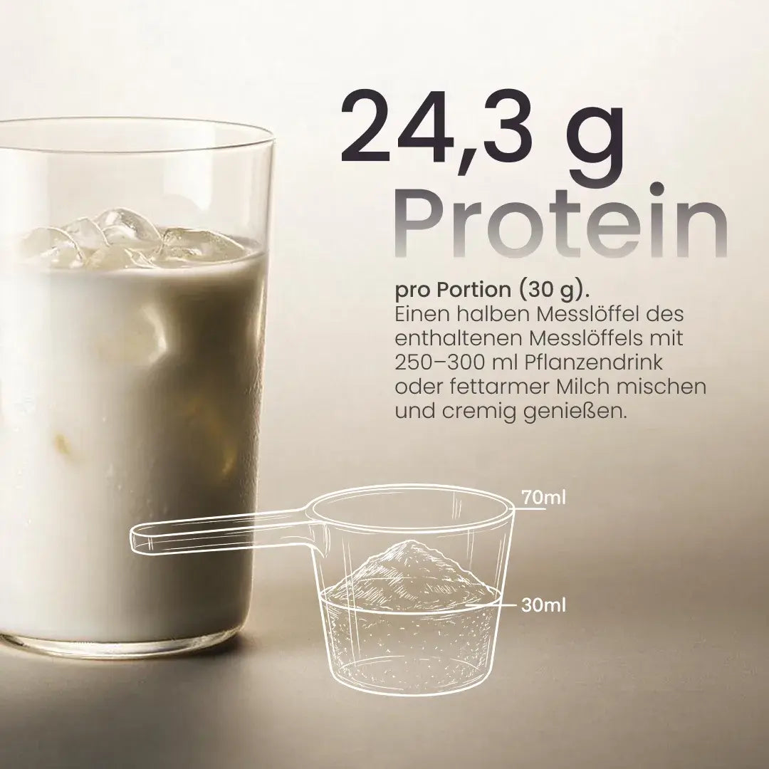 Creamy Protein Kokos Dream: 24,3 g Protein pro 30-g-Portion, mit 250–300 ml Pflanzendrink oder Milch mischen