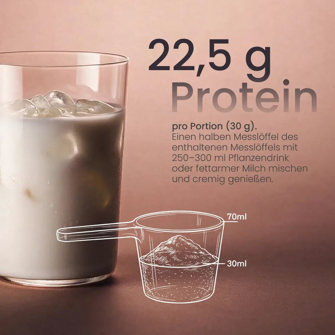 Creamy Protein Nougat-Haselnuss: 22,5 g Protein pro 30-g-Portion, mit 250–300 ml Pflanzendrink oder Milch mischen