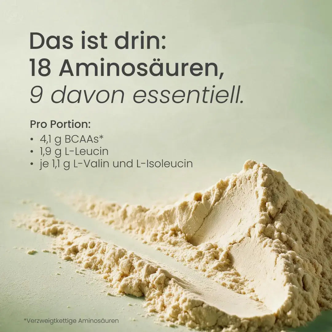 Creamy Protein Pistazie: 18 Aminosäuren, pro Portion 4,1 g BCAAs, 1,9 g Leucin, je 1,1 g Valin und Isoleucin