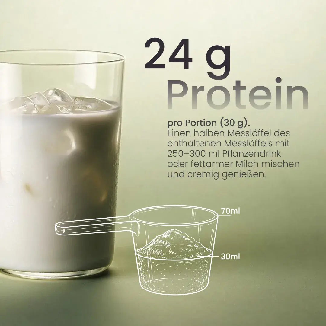 Creamy Protein Pistazie: 24 g Protein pro 30-g-Portion, mit 250–300 ml Pflanzendrink oder Milch mischen