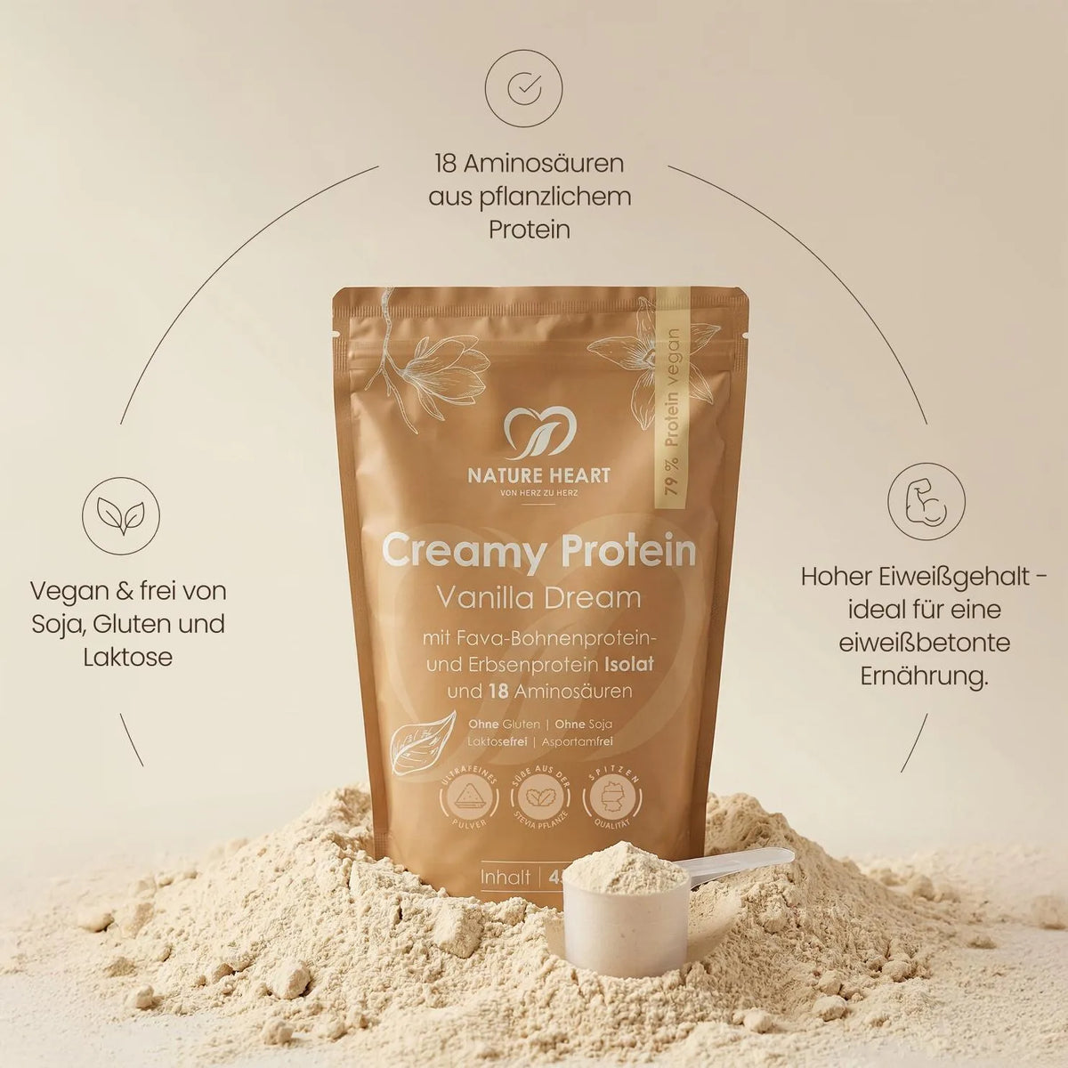 Creamy Protein Vanilla Dream Beutel auf Proteinpulver: 18 Aminosäuren, vegan, frei von Soja, Gluten und Laktose