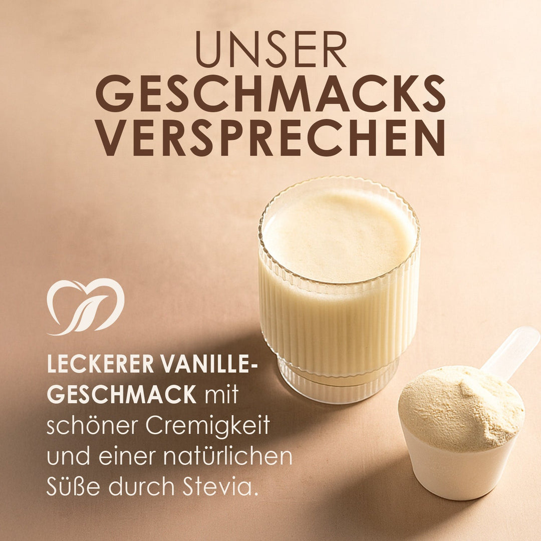 Glas Creamy Protein Vanilla Dream mit Messlöffel, Headline Unser Geschmacksversprechen: Vanillegeschmack mit Cremigkeit und Süße durch Stevia